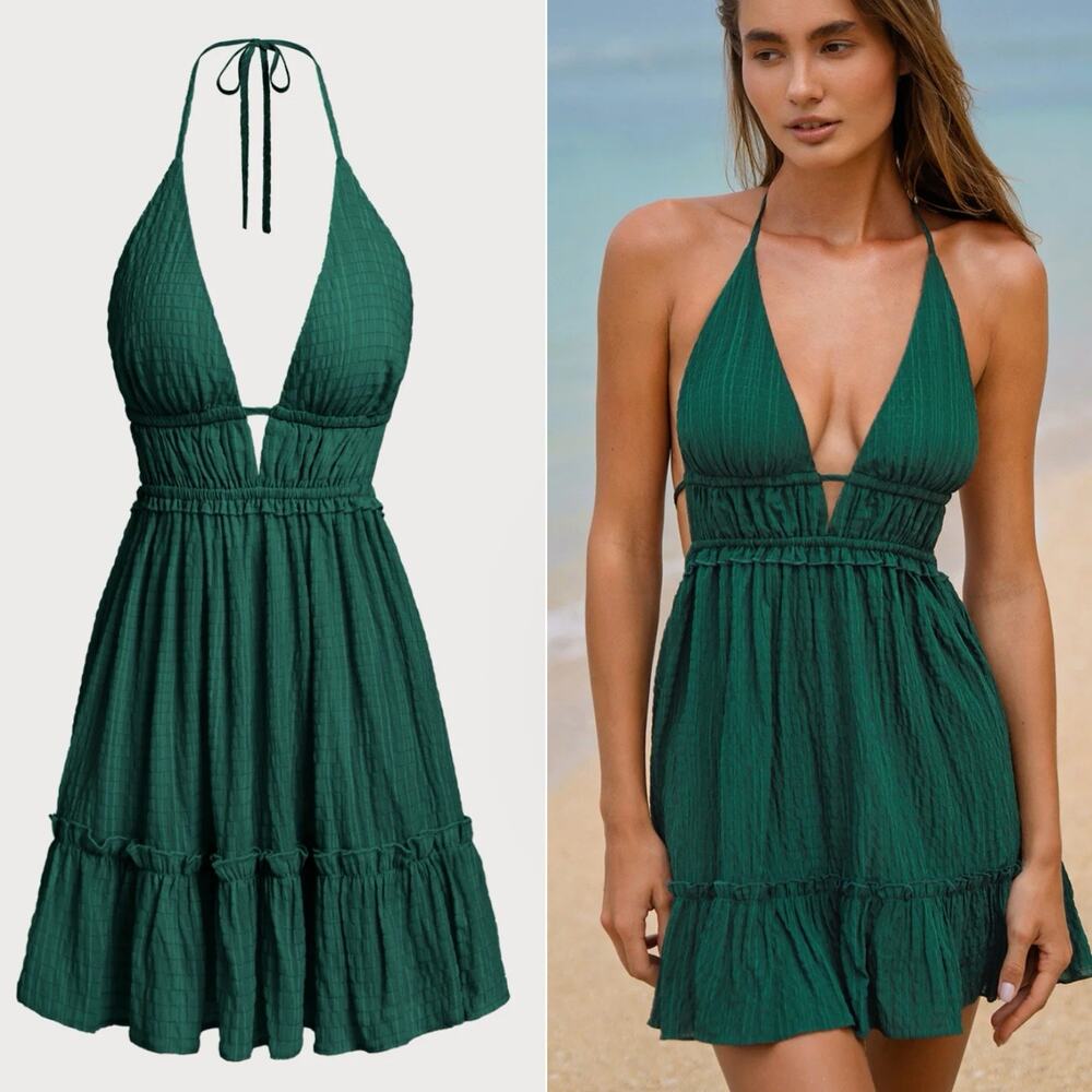 BERLOOK Dark Green Halter Backless Ruched Striped Cut Out Cover-Up Dress XS